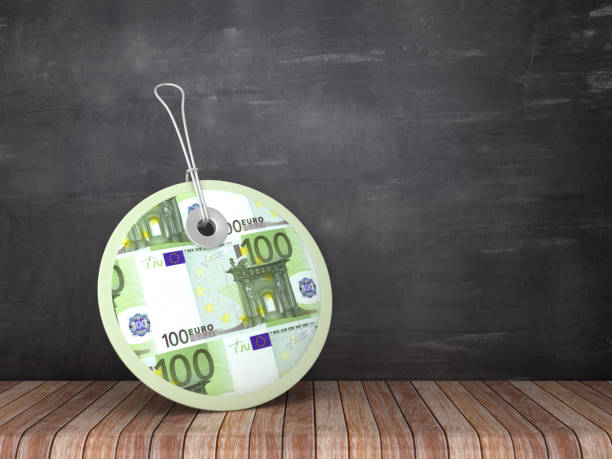 euro bill price tag on chalkboard background - 3d rendering - selling buy cube three dimensional shape imagens e fotografias de stock