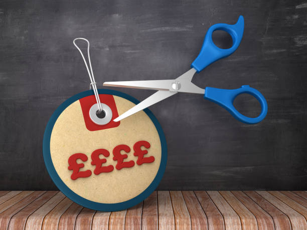 pound sign price tag with scissors on chalkboard background - 3d rendering - gift currency british currency pound symbol photos et images de collection