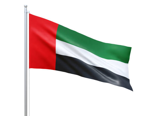 flaga zjednoczonych emiratów arabskich macha na białym tle, z bliska, odizolowana. renderowanie 3d - flag of the united arab emirates zdjęcia i obrazy z banku zdjęć