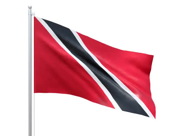 Photo of Trinidad and Tobago flag waving on white background, close up, isolated. 3D render