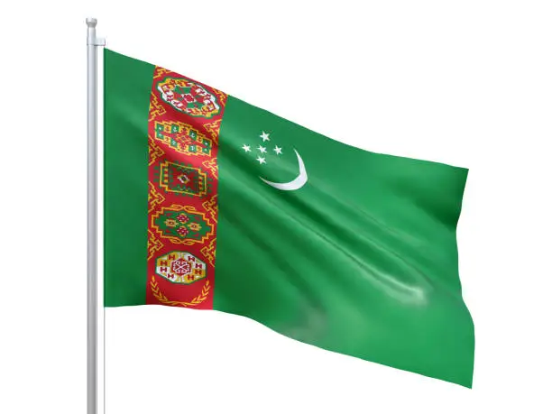 Photo of Turkmenistan flag waving on white background, close up, isolated. 3D render