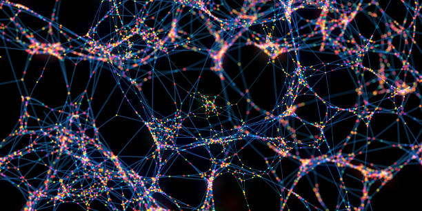 선택적 초점을 가진 다중 색 구체의 미래큰 추상 네트워크 - nerve cell 뉴스 사진 이미지