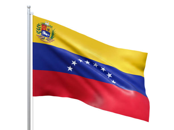 istock Venezuela state flag waving on white background, close up, isolated. 3D render 1180231249