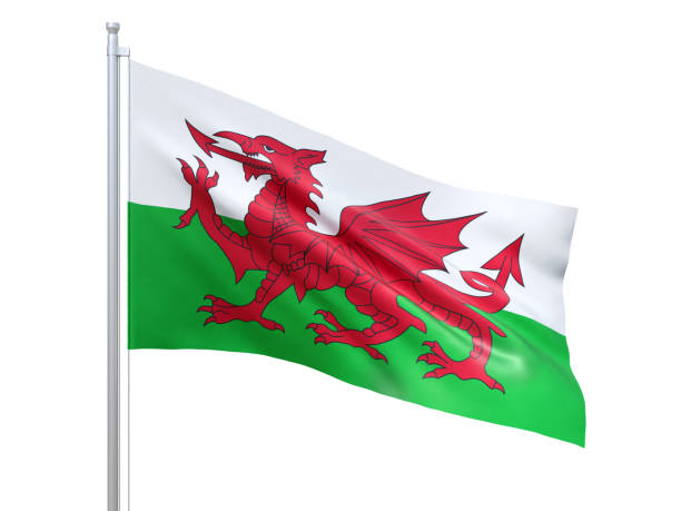 istock Wales flag waving on white background, close up, isolated. 3D render 1180231283