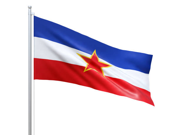 istock Yugoslavia (1946-1992) flag waving on white background, close up, isolated. 3D render 1180231374