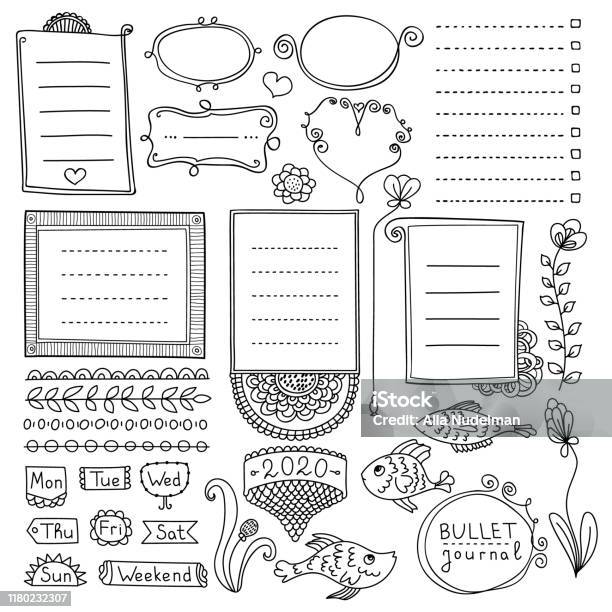 Bullet Journal Pages With Doodle Drawings And Week Layout Stock  Illustration - Download Image Now - iStock