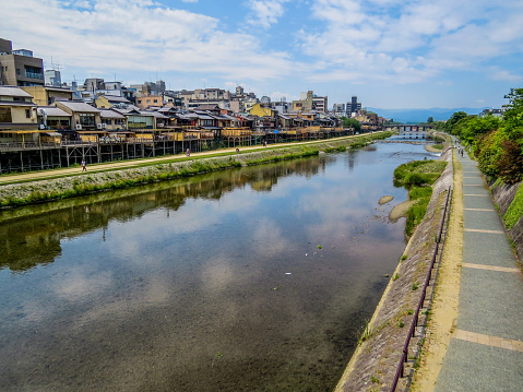 View of the Kamo River in Kyoto, Japan