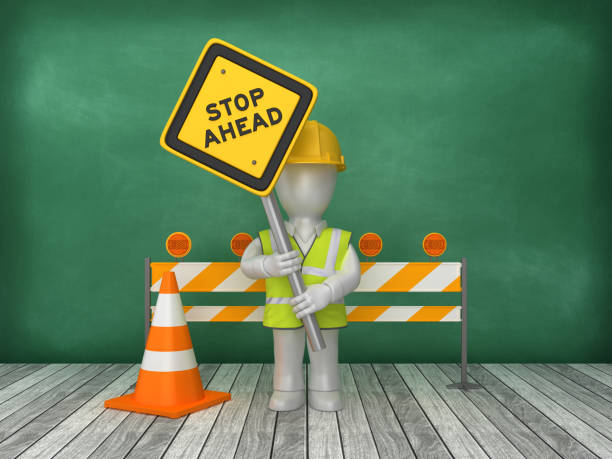 istock STOP AHEAD Road Sign Construction Site on Chalkboard Background - 3D Rendering 1180235995