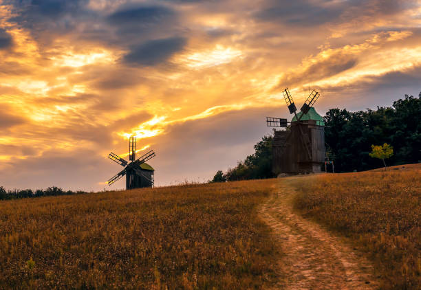 landscape with old wooden windmills on sunset