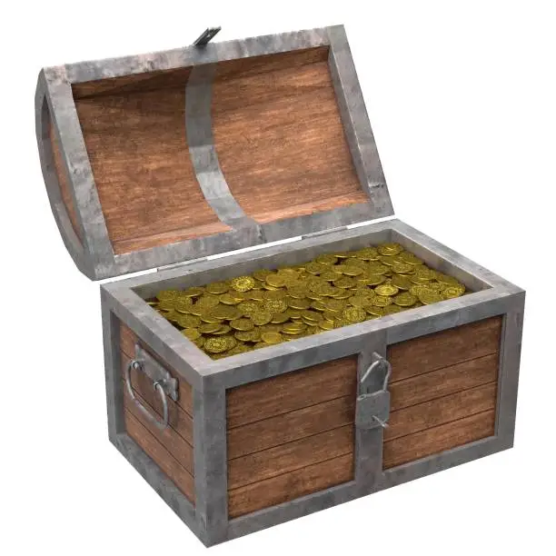 3D rendering illustration of a treasure chest with padlock and coins