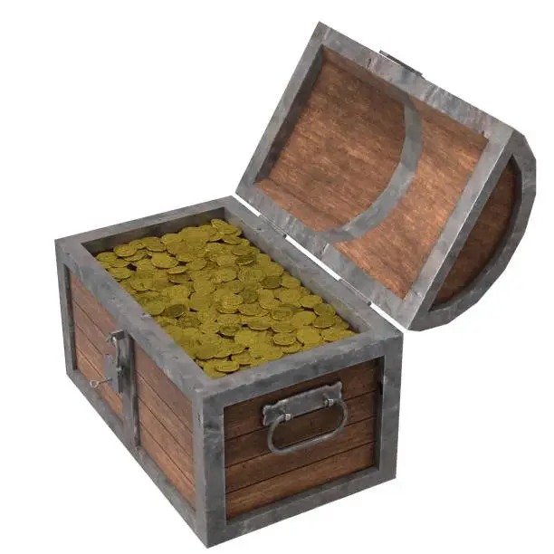 3D rendering illustration of a treasure chest with padlock and coins