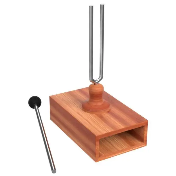 3D rendering illustration of a tuning fork on a resonator box