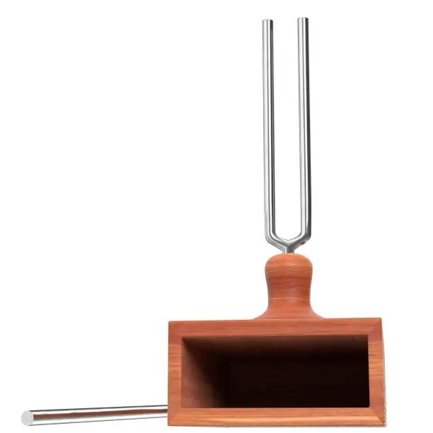 3D rendering illustration of a tuning fork on a resonator box