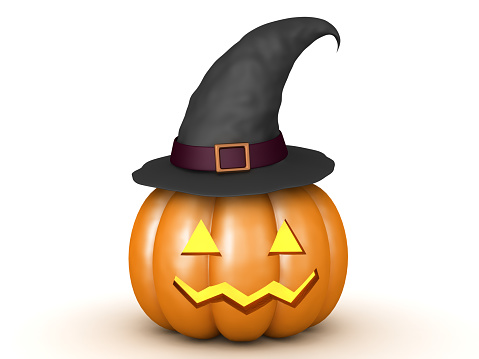 3D jack o lantern pumpkin with witch hat on top of it. 3D Rendering isolated on white.