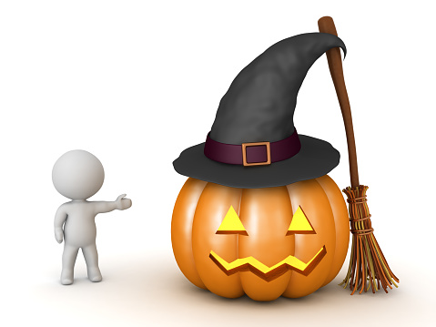 3D Character showing halloween themed objects. 3D Rendering isolated on white.