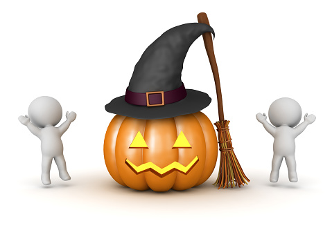 Happy 3D Characters jumping around halloween objects. 3D Rendering isolated on white.