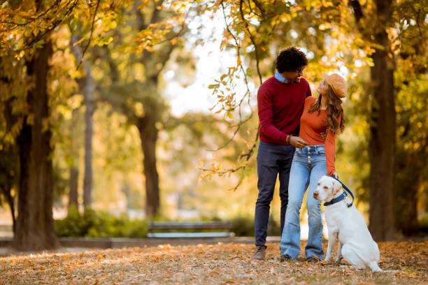 istock Multiracial couple walking with dog in autumn park 1180244412