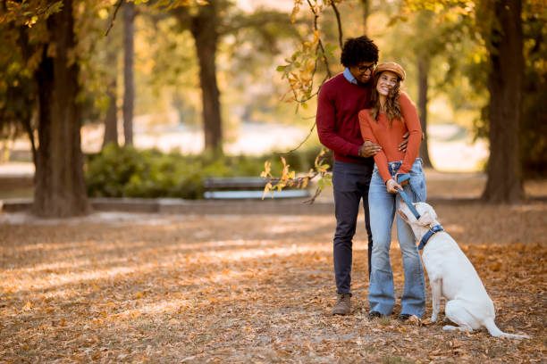istock Multiracial couple walking with dog in autumn park 1180244425