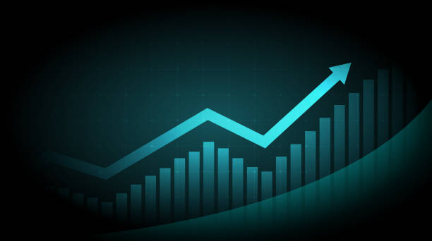 istock Widescreen Abstract financial graph with uptrend line arrow and bar chart of stock market on green colour background 1180244552