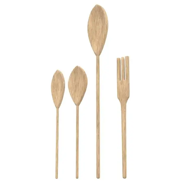 3D rendering illustration of wooden spoons and fork