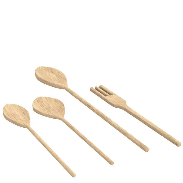 3D rendering illustration of wooden spoons and fork