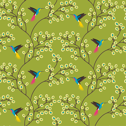 Seamless floral background with hummingbirds.