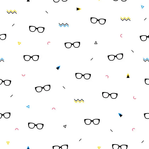 Vector illustration of Glasses eyes seamless pattern on white background and geometric shapes in memphis style. Eyeglasses. Vector illustration. Fashion background in minimal design.