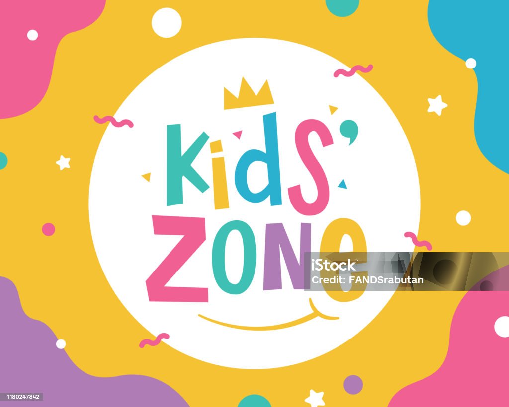 Kids zone banner template Kids zone vector cartoon label. Colorful lettering for children's playroom decoration Logo stock vector