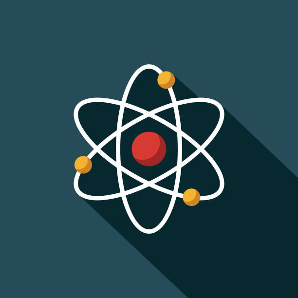 Atomic Energy Icon A flat design icon with a long shadow. File is built in the CMYK color space for optimal printing. Color swatches are global so it’s easy to change colors across the document. nuclear fusion atoms stock illustrations