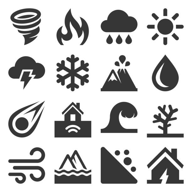 ilustraciones, imágenes clip art, dibujos animados e iconos de stock de iconos de desastres naturales ambientados en fondo blanco. vector - accidentes y desastres