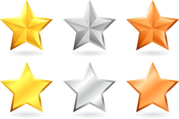 metallic star designs in gold silver and bronze metallic star designs in gold silver and bronze. This royalty free vector illustration features 6 metallic stars. the starts have a realistic metal texture and are on white background. There are three stars in each row and these star designs can be used to represent achievement and success concepts. bronze alloy stock illustrations