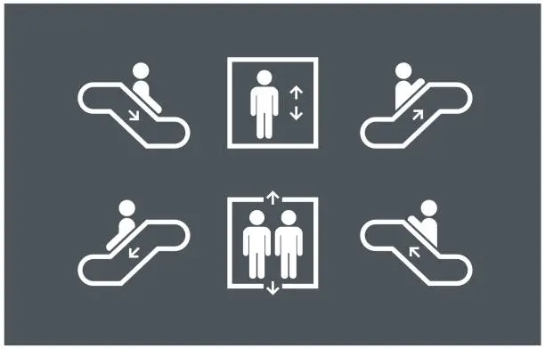 Vector illustration of Public Services Elevator and Escalator set icons with humans. Lift or elevator up and down symbols.