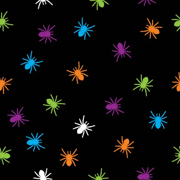 Vector illustration of Spooky Brightly Colored Spiders Seamless Pattern