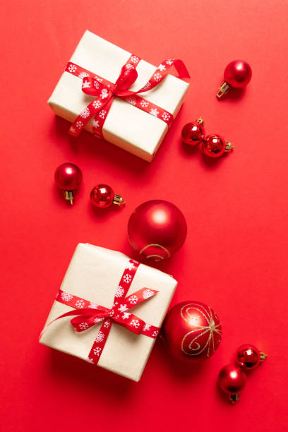 istock Christmas background with present box, holiday decorations on pink background. Winter, new year concept. Flat lay, top view, copy space 1180257271