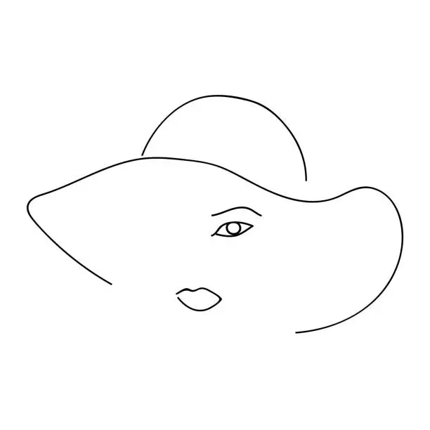Vector illustration of Woman abstract face with hat, one line drawing. Hand drawn outline illustration. Continuous line. Portret female. Vector illustration