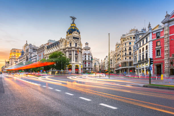 Madrid, Spain cityscape a Madrid, Spain cityscape at Calle de Alcala and Gran Via. madrid photos stock pictures, royalty-free photos & images