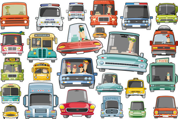 illustrazioni stock, clip art, cartoni animati e icone di tendenza di set auto 2 - pick up truck old car traffic