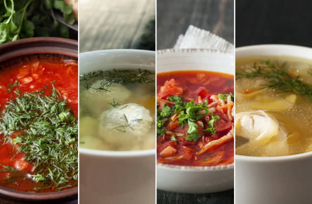 istock Set with different delicious beet soups. Cooking recipes 1180264487