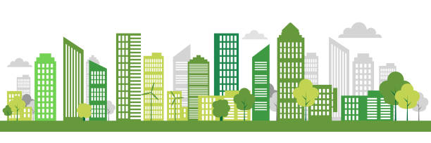 그린 에코 시티 생활 개념. 벡터 그림입니다. 녹색 도시, 풍력 터빈 벡터 일러스트 - house residential structure cable sun stock illustrations