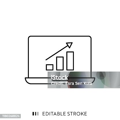 istock Bar Graph on Laptop Screen Icon with Editable Stroke and Pixel Perfect. 1180268824