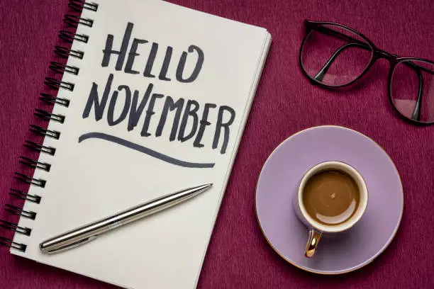 Photo of Hello November handwriting in a sketchbook