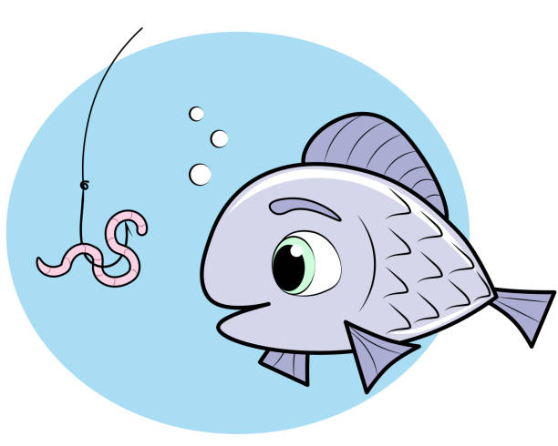 illustrazioni stock, clip art, cartoni animati e icone di tendenza di pesce e gancio con un verme - worm cartoon fishing bait fishing hook
