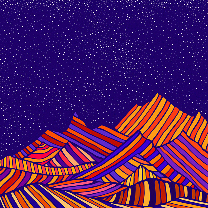 Fantastic hippie style psychedelic landscape with mountains in the form of colorful stripes and of blue sky and stars.  Vector hand drawn cartoon illustration.