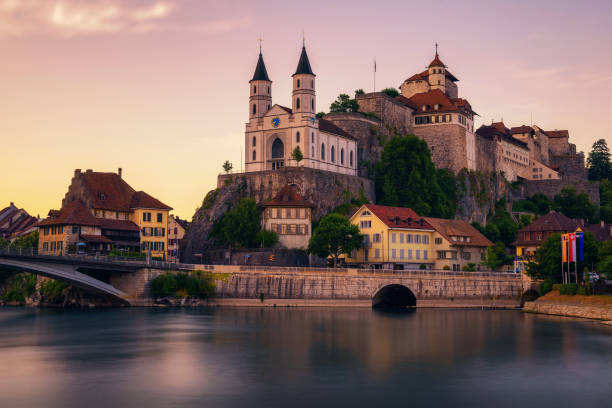 Aarburg Castle and the Aare river in the canton of Aargau, Switzerland Aarburg, Switzerland - July 23, 2019 : Medieval Aarburg Castle and the Aare river in the canton of Aargau in Switzerland. Long exposure. aargau canton photos stock pictures, royalty-free photos & images