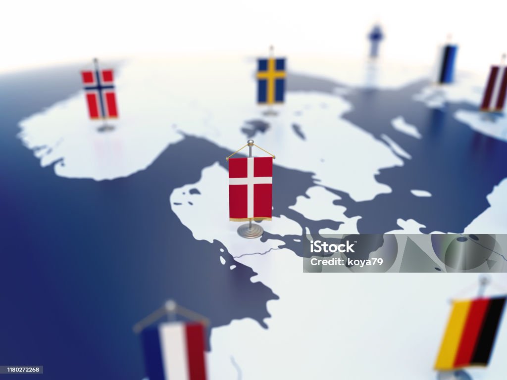 Flag of Denmark in focus among other European countries flags Flag of Denmark in focus among other European countries flags. Europe marked with table flags 3d rendering Denmark Stock Photo