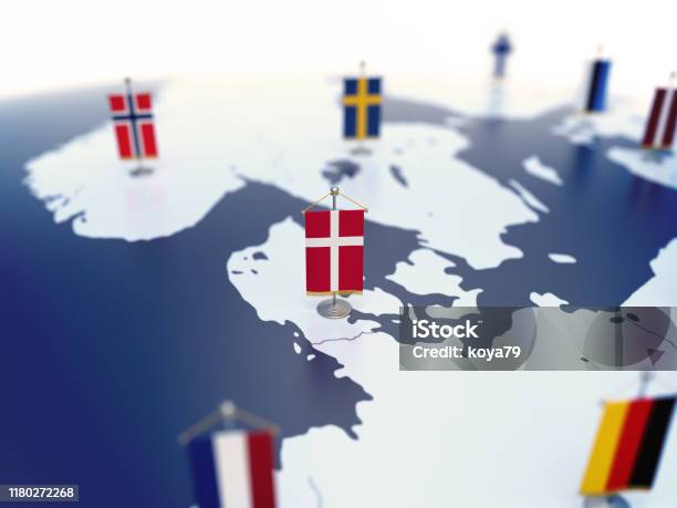 Flag Of Denmark In Focus Among Other European Countries Flags Stock Photo - Download Image Now