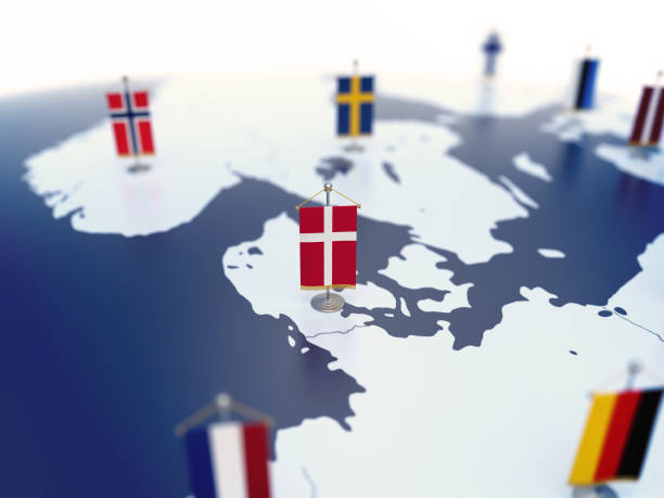 flag of denmark in focus among other european countries flags - denmark map flag europe imagens e fotografias de stock