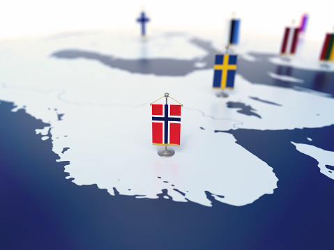 Flag of Norway in focus among other European countries flags. Europe marked with table flags 3d rendering