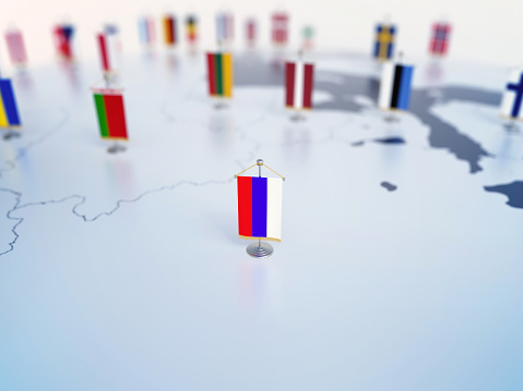 Flag of Russia in focus among other European countries flags. Europe marked with table flags 3d rendering