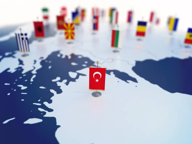 Flag of Turkey in focus among other European countries flags Flag of Turkey in focus among other European countries flags. Europe marked with table flags 3d rendering balkans stock pictures, royalty-free photos & images